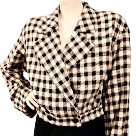 Vintage 1990s Valentino Designer Black Checked Oversized Wool Short Jacket - Picture 3 of 8